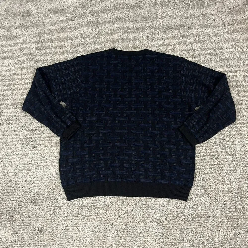 Mino Milano Sweater Mens XL Black Blue squared knit lightweight Wool Blend